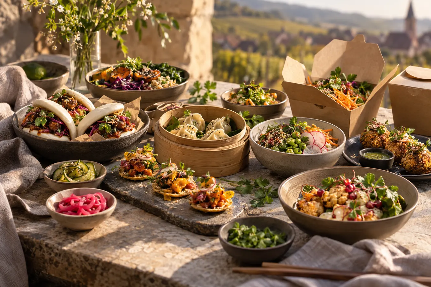 Créations de street-food premium : bao, raviolis, bowls et légumes colorés sur une table, image d’inspiration.
