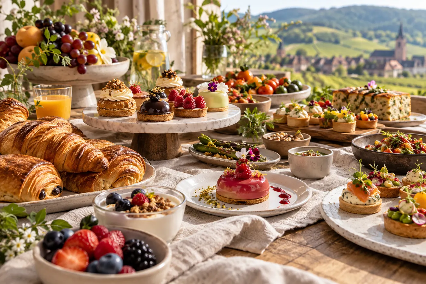 Pâtisseries, bouchées de traiteur et créations de brunch dressées sur une table, image d’inspiration.